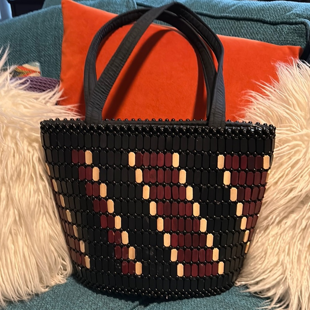 Gorgeous African Wood Beaded Tote Bag Purse Zipper